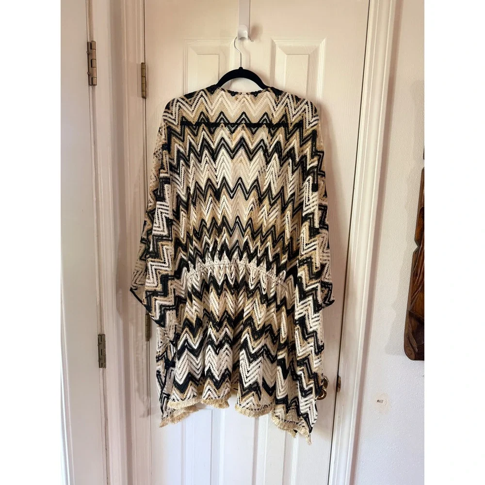 Ramy Brook Mckala Cover Up Dress Neutral Chevron Gold Metallic Knit Large NEW
